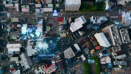 Poster - Concept of overhead drone photography of residential area and digital technology