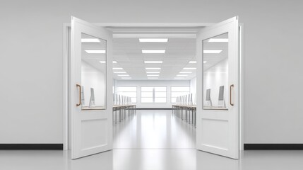 Aufkleber - Bright spacious modern classroom with large windows and open doorways for learning.