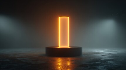 Aufkleber - Illuminated rectangular neon light standing vertically on a circular base in dark setting.