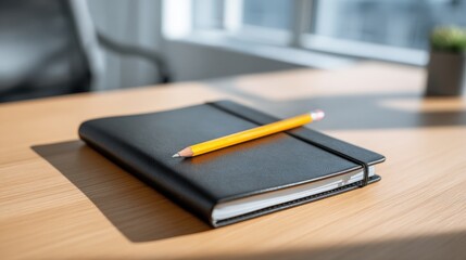 Poster - Close-up of black notebook and yellow pencil on wooden desk in bright office setting.