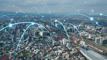 Poster - 都市のドローン空撮と通信ネットワークのコンセプト
