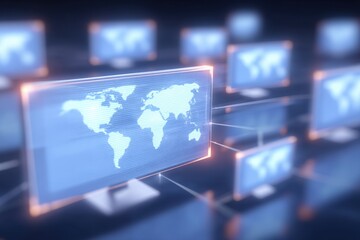 Poster - Digital Global Network Concept with World Map and Connected Data Screens.