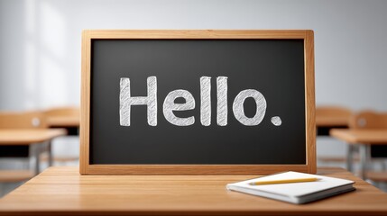 Poster - Educational classroom scene with blackboard displaying Hello written in chalk and stationery on desk.