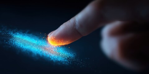 Poster - Close-up of a human finger touching a glowing digital fingerprint with futuristic data waves.