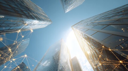 Poster - Modern skyscrapers towering under clear blue sky with sunlight reflecting off glass surfaces.
