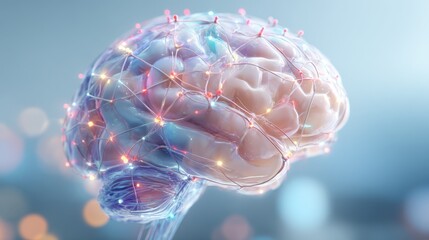 Poster - Highly detailed digital illustration of a human brain with glowing neural connections and vibrant electric activity.