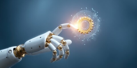 Poster - Highly detailed robotic hand reaching out to glowing gear symbol illuminated in digital environment.