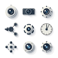 Poster - Collection of stylish camera lens and clock icons ideal for web design, app interfaces, or digital projects needing a modern and minimalist aesthetic, featuring various shapes and perspectives.