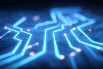 Aufkleber - Close-up of glowing blue electronic circuit lines on a technological microchip surface.