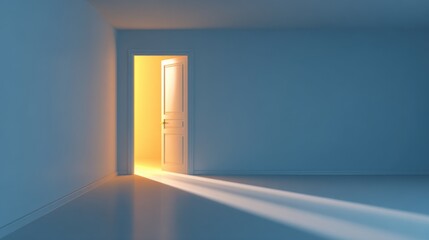 Poster - Minimalist empty room with open door emitting bright warm sunlight into blue space.