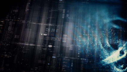 Poster - Futuristic digital screen matrix with encrypted data, hi-tech telemetry, and dynamic code patterns. Ideal for desktop displays, sci-fi UI, and cyber tech backgrounds