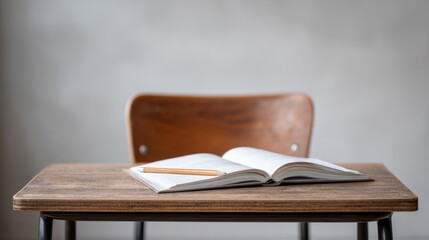 Aufkleber - Open book on wooden desk with empty chair in minimal modern interior setting.