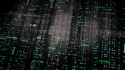 Poster - Futuristic digital screen matrix with encrypted data, hi-tech telemetry, and dynamic code patterns. Ideal for desktop displays, sci-fi UI, and cyber tech backgrounds