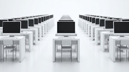 Poster - Ultra Modern Computer Desktop Workstations with Monitors in Bright Office Setting.