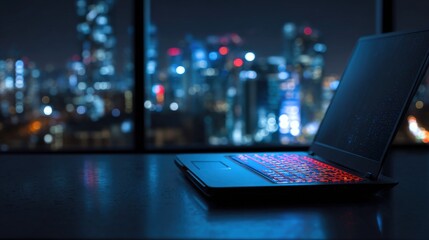 Aufkleber - Modern gaming laptop with colorful keyboard illuminated by cityscape night view inside office environment.