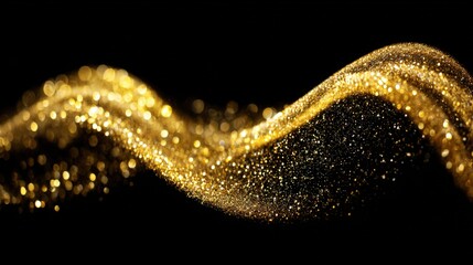 Poster - Long shimmering golden glitter wave flowing through dark background with sparkling effect.