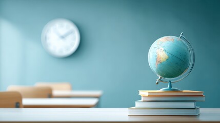 Poster - Educational Classroom Setting with Globe Books and Wall Clock Bright Modern Scene.