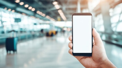 Poster - Close up of a person holding smartphone with blank screen in airport terminal during daytime.