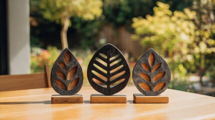 Poster - Three decorative wooden leaf sculptures on a table with blurred outdoor garden background.