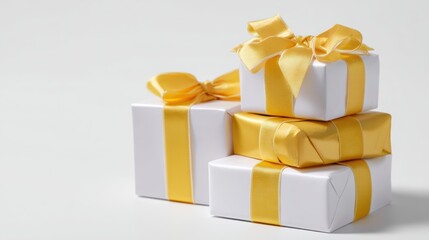 Poster - Wrapped gift boxes stacked with bows on white background