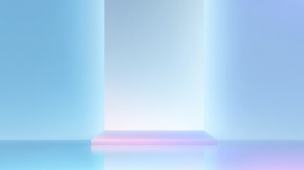 Poster - Minimalist futuristic light display with glowing blue walls and elevated platform.