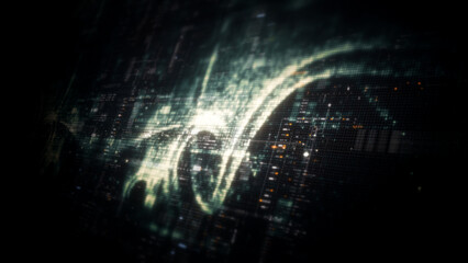 Poster - Futuristic digital screen matrix with encrypted data, hi-tech telemetry, and dynamic code patterns. Ideal for desktop displays, sci-fi UI, and cyber tech backgrounds