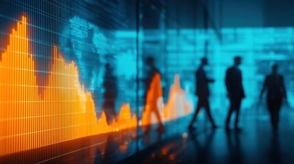 Aufkleber - Business People Walking Through Modern Financial Trading Floor With Digital Graphs.