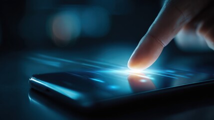 Poster - Close up of a hand tapping on a smartphone screen with glowing light effects at night.