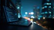 © Generative AI - Modern Workstation with Laptop Displaying Code at Night in Urban Cityscape.