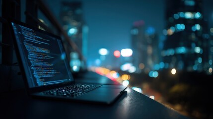 Poster - Modern Workstation with Laptop Displaying Code at Night in Urban Cityscape.