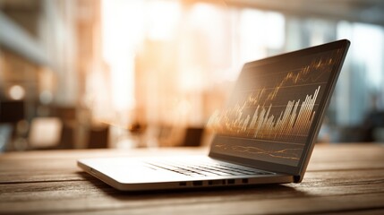 Poster - Modern laptop on wooden desk in bright workspace with financial graphs display.
