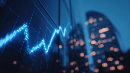 Poster - Modern financial stock market chart displayed on digital screen with cityscape background.