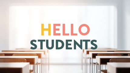 Poster - Bright modern classroom with rows of desks and colorful hello students sign.