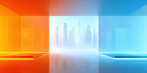 Poster - Modern futuristic cityscape with glowing vibrant orange and blue glass walls in an innovative tech environment.