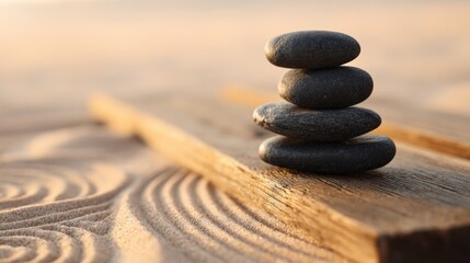 Poster - Stack of smooth black stones balanced on a wooden plank with blurred background.