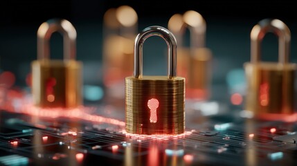 Poster - Close up of gold padlock symbolizing security protection and data privacy on digital device.