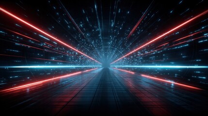 Aufkleber - Futuristic digital tunnel with glowing lines and dynamic motion effects in neon blue and red.