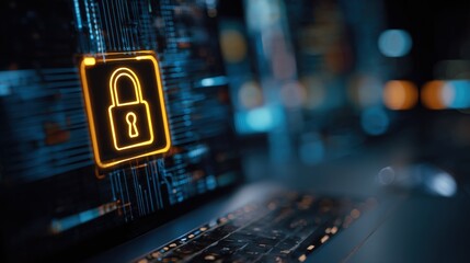 Poster - Digital cybersecurity concept with glowing padlock symbol on futuristic computer screen.
