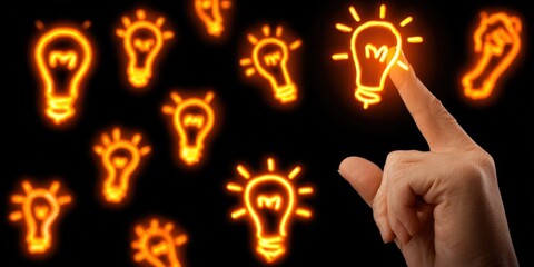 Poster - Bright glowing light bulbs illustration with a hand reaching out and interacting with multiple illuminated ideas.