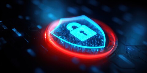 Poster - Digital security concept with illuminated shield icon and glowing protect symbol.