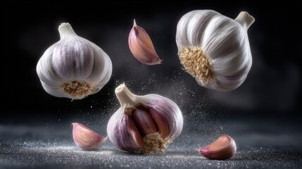 Poster - Close-up of garlic bulbs with scattered cloves and fine powder on dark background.