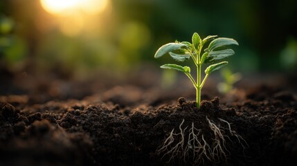 Poster - Young Plant Growing from Soil with Green Leaves in Natural Outdoor Environment.