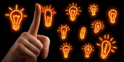 Poster - Hand with index finger pointing up surrounded by glowing orange light bulbs illustration.