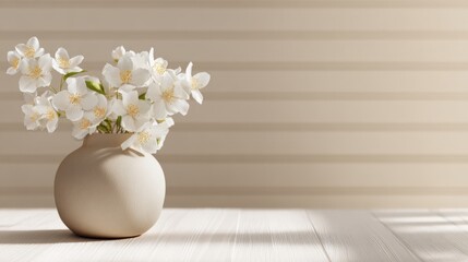 Poster - Minimalist white ceramic vase with cherry blossom flowers on light wooden table.