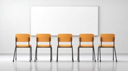Poster - Modern classroom with empty chairs and whiteboard in bright educational setting.