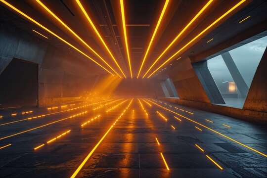Amber Light Beams Scattering Across a Dark Modern Landscape