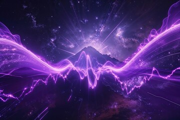 Poster - Vibrant Purple Energy Waves Radiating in a Deep Space Backdrop with an Avant-Garde Tech Theme