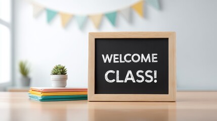 Poster - Welcome Class Signboard with Bulletin Board and Potted Plant in Classroom Setting.