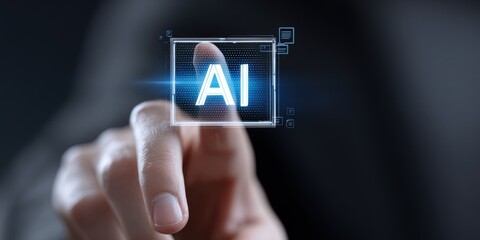 Poster - Close up of a person's hand interacting with a digital AI icon on futuristic touchscreen interface.