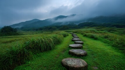 Poster - Scenic green landscape with stone pathway leading toward misty mountains under cloudy sky.